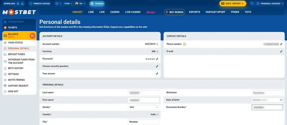 Mostbet Personal Details