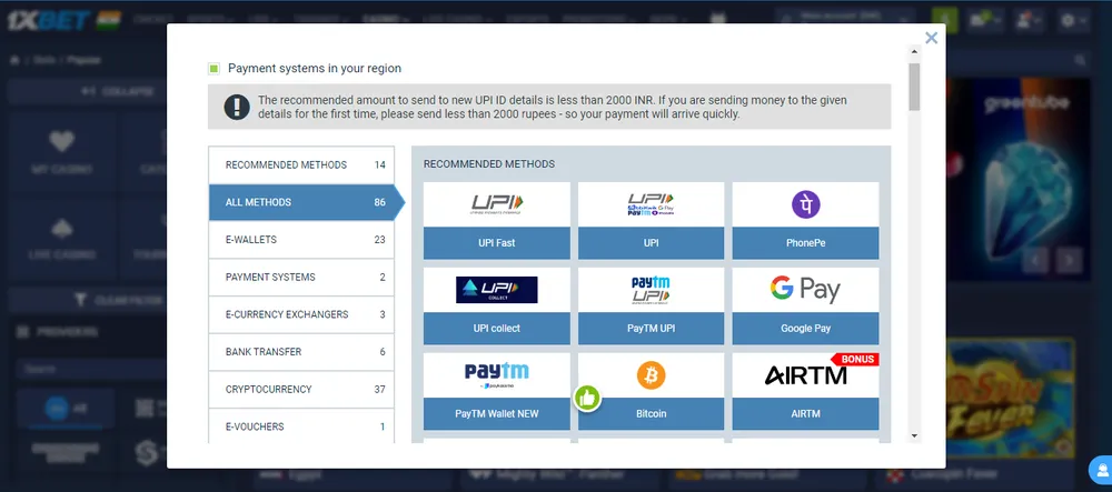 1xbet Deposit methods