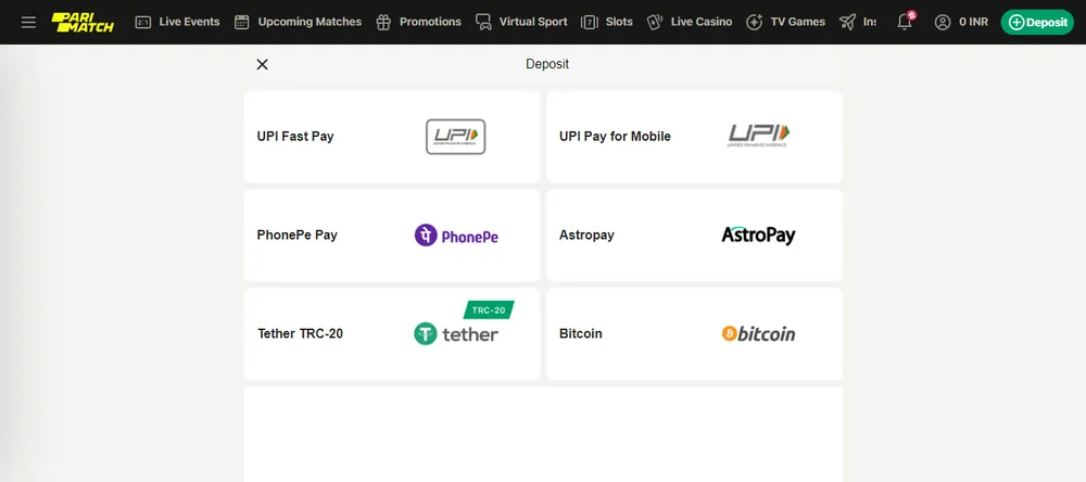 PariMatch Deposit methods