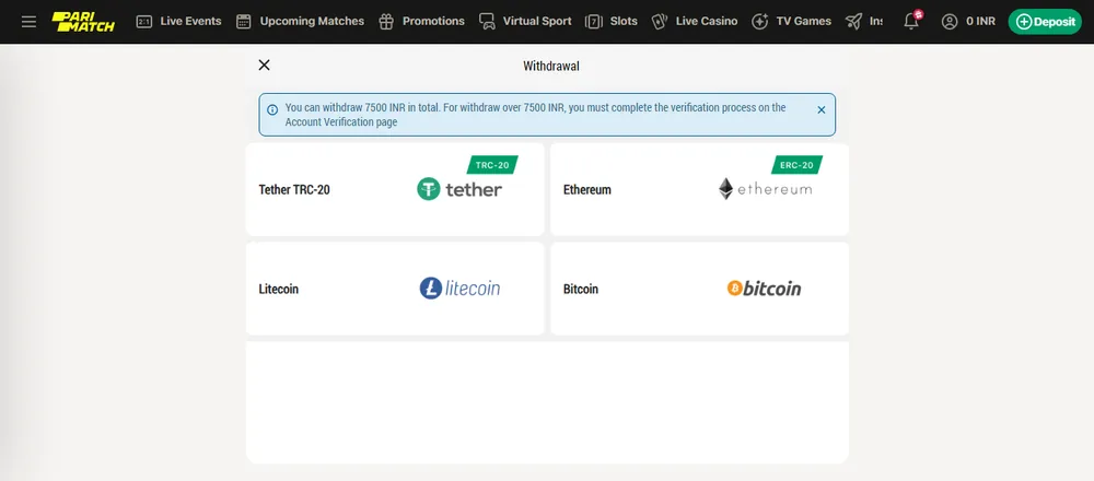 PariMatch Withdraw methods pc