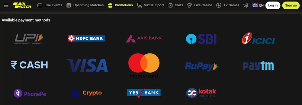 Parimatch Payment methods